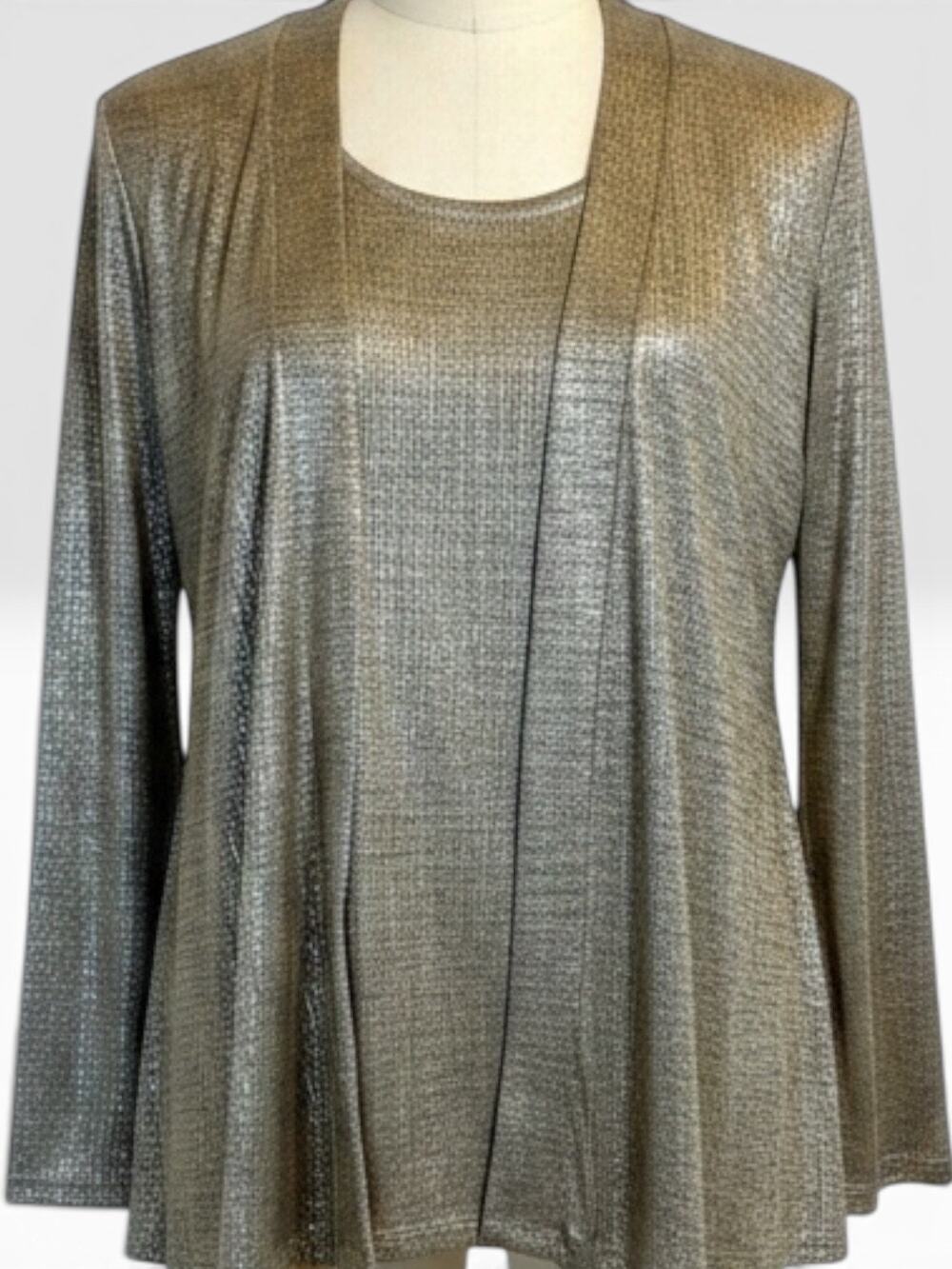 Susan Graver Metallic Silver Cardigan & Shell Set with pockets Size M NWT